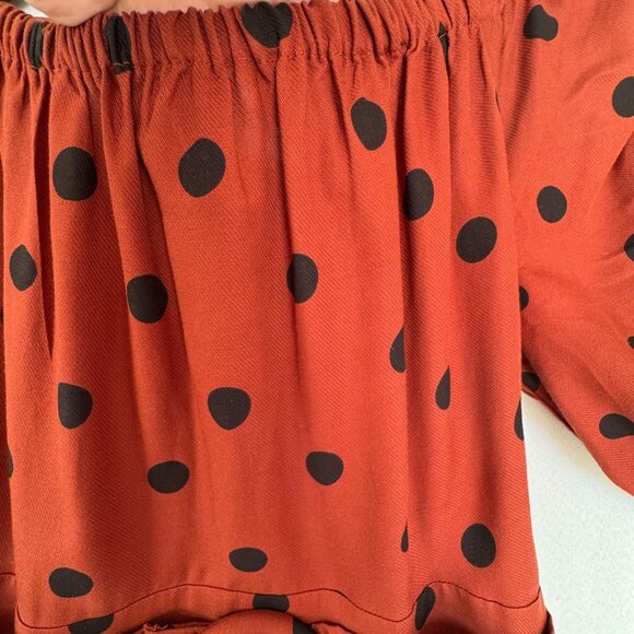Anthropologie Maeve Lucienne Off-The-Shoulder Brown Polka Dot Maxi Dress Size 6 - Picture 13 of 16